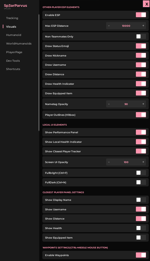 Visuals tab — ESP and HUD controls